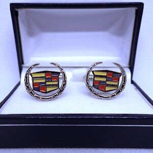 Brand New Chromed & Enameled Cadillac Emblem Enamel Cufflinks with Case, Silver
